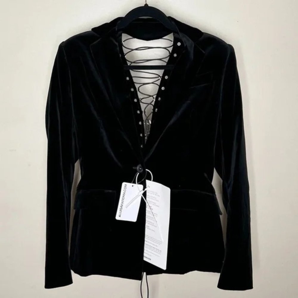 Antonio Berardi Black Lace-up Velvet Mid-Length Blazer Womens Size L